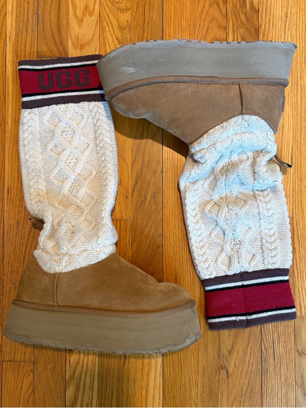 UGG Tan Suede Platform Boots with Cream Cable Knit Shaft and Burgundy Trim